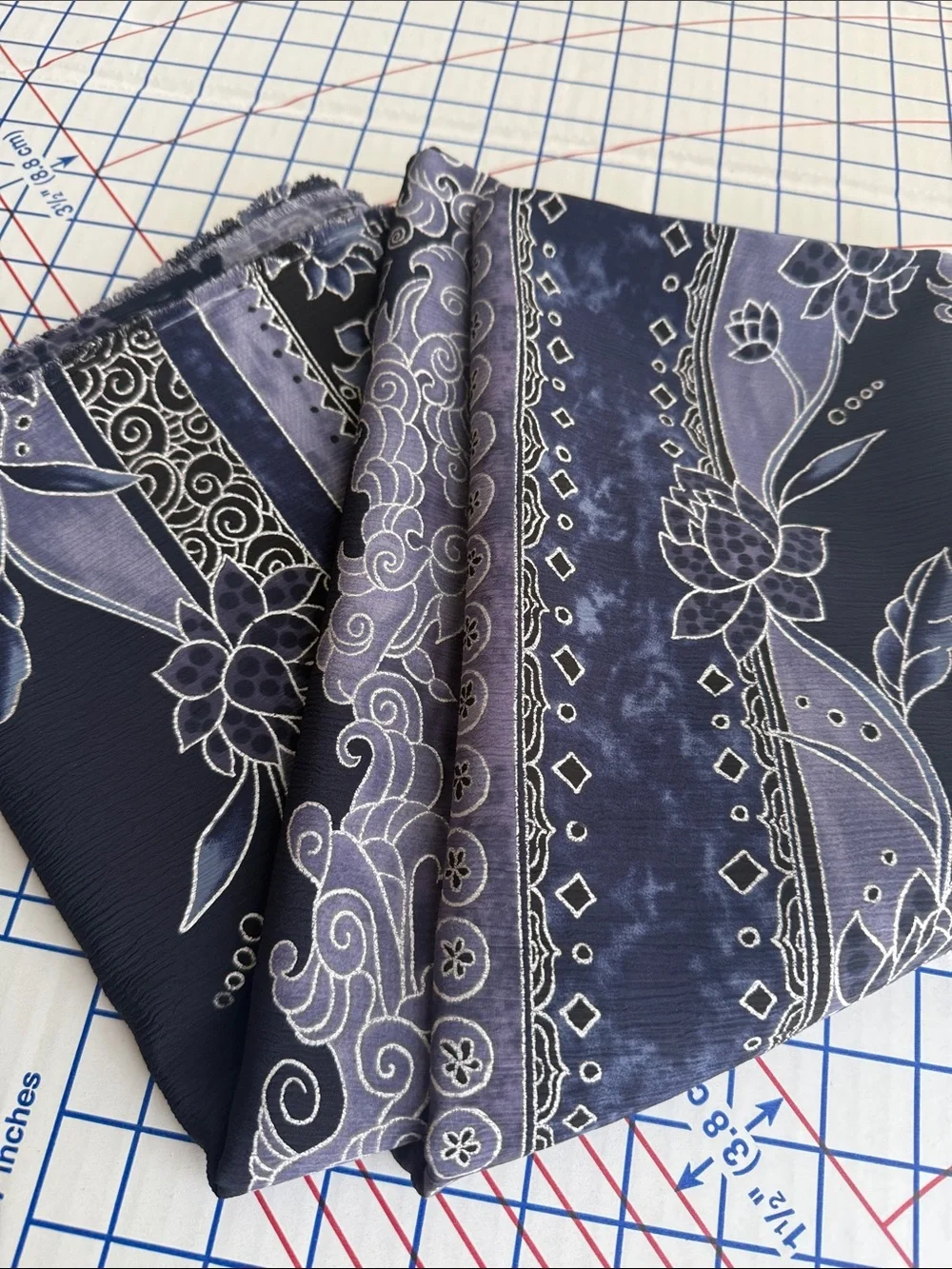 Vintage 1980s Crinkle Crepe Fabric Asian Floral Stripe Black Blue 3 1/3 Yds